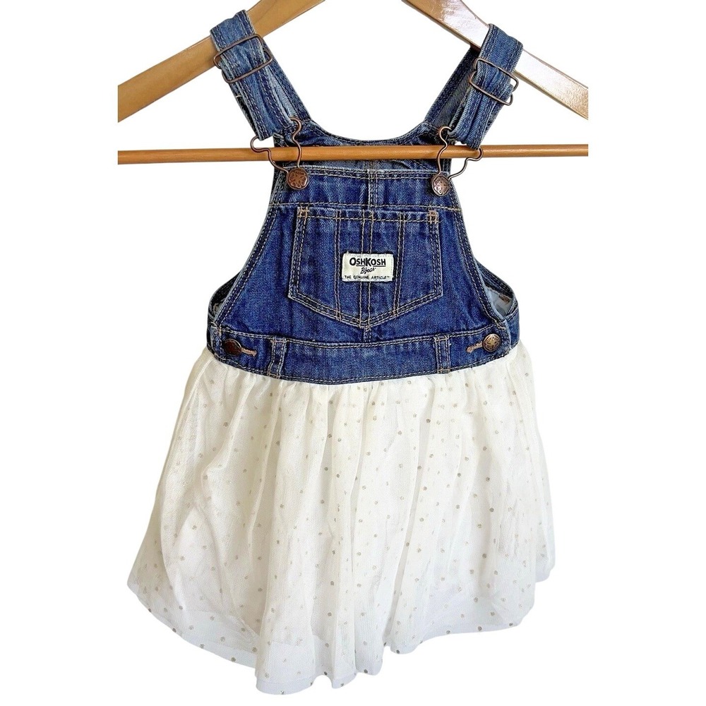 Vtg Oshkosh BGosh Vestbak Denim Jean Overall Dress Gold Dot Tulle Baby Girl 24m